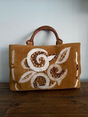 Plinio Visona Suede  Caramel Tote Bag with Embroidery and Wooden Bead Accents